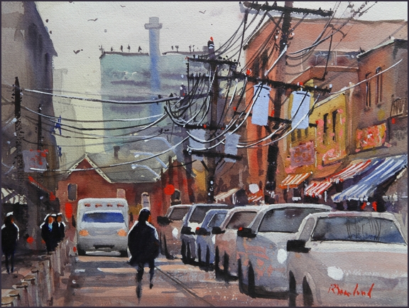 Rex Beanland, Kensington Market, Street Of Wires, watercolour, 16x12