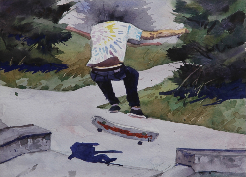 Rex Beanland, Skateboard Flip, watercolour, 9 x 12