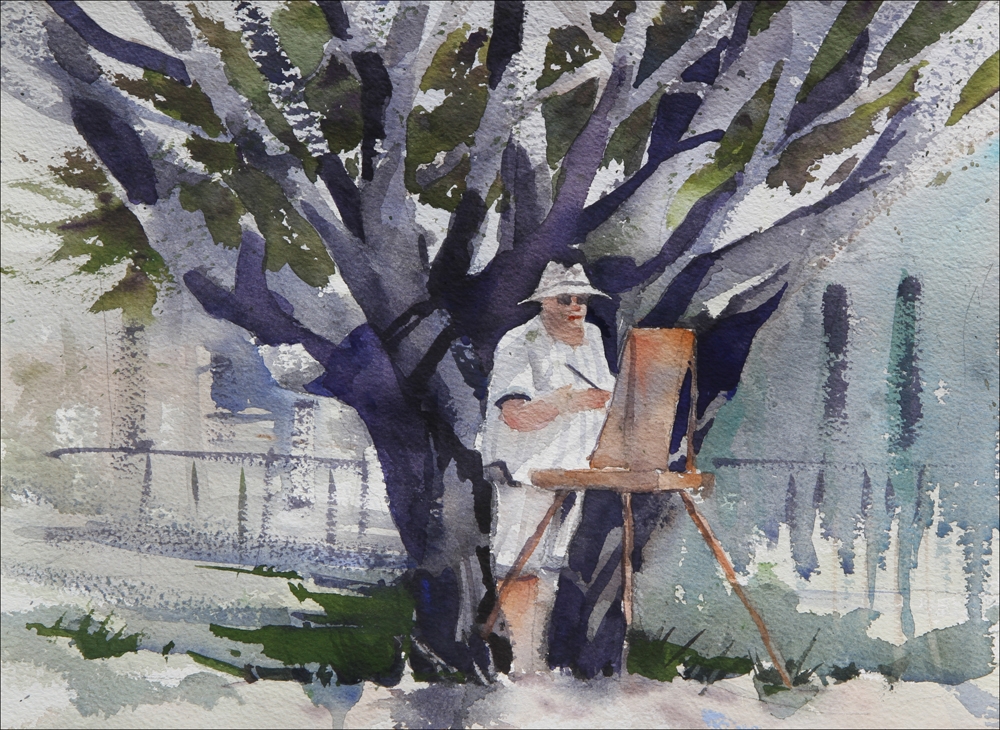 Rex Beanland, Woman In Front Of Tree, watercolour, 12 x 16