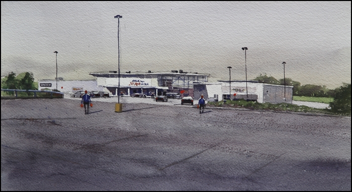 Rex Beanland, Superstore Yarmouth, watercolour, 11 x 15
