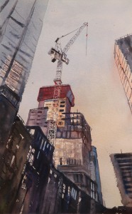 Rex Beanland, Pushing Up (Construction Season, Downtown), watercolour, 17 x 11