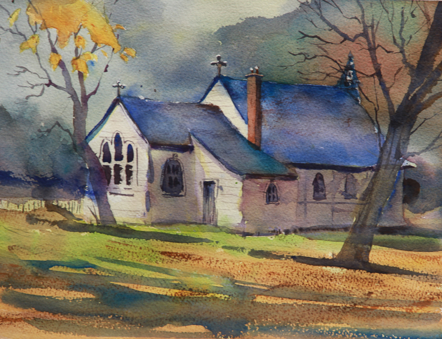 Rex Beanland, Church, Yale, BC, watercolour, 9 x 12