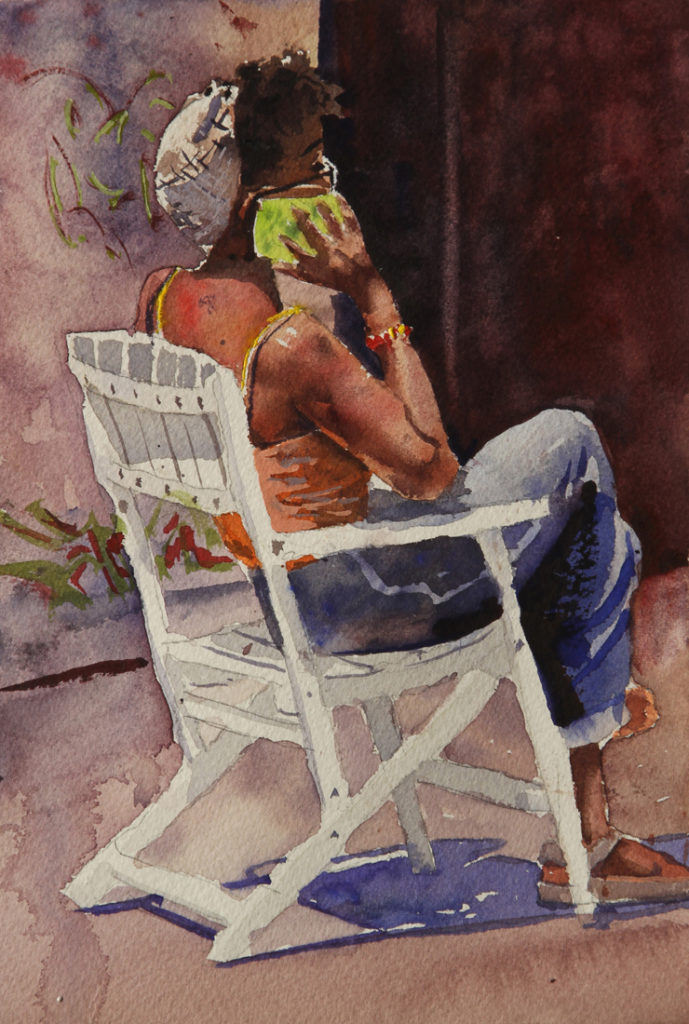 Rex Beanland, Girl On Phone Kensington Market, watercolour, 9 x 5