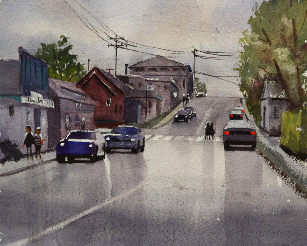 Rex Beanland, A Rainy Day In Rocky Mountain House, watercolour, 9 x 9
